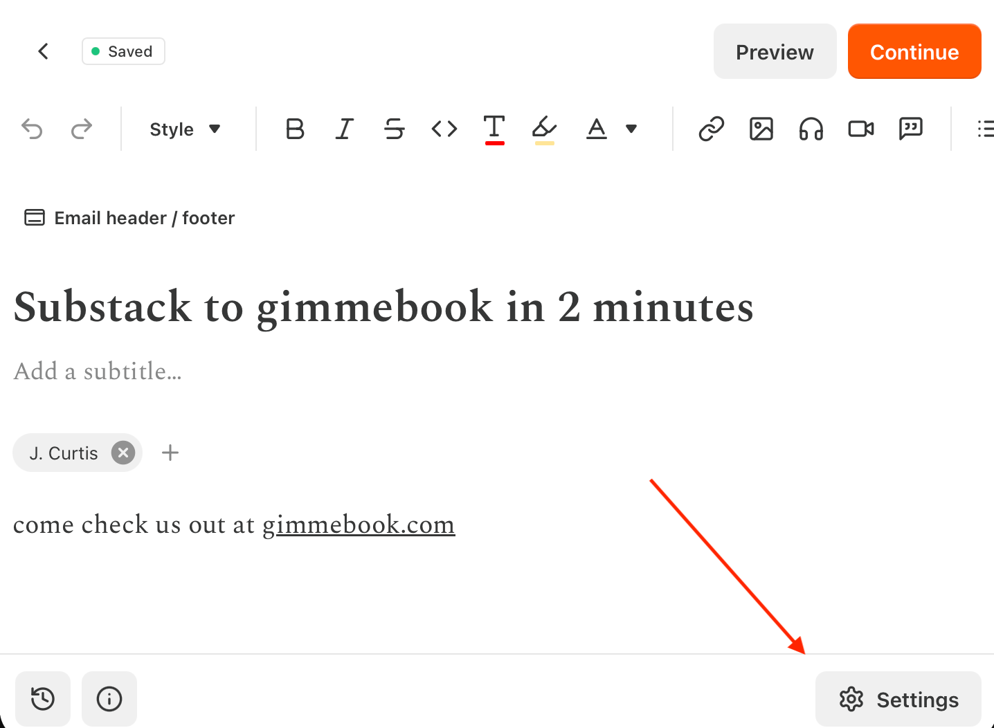 The Substack post editor with the Settings button highlighted in the bottom right.
