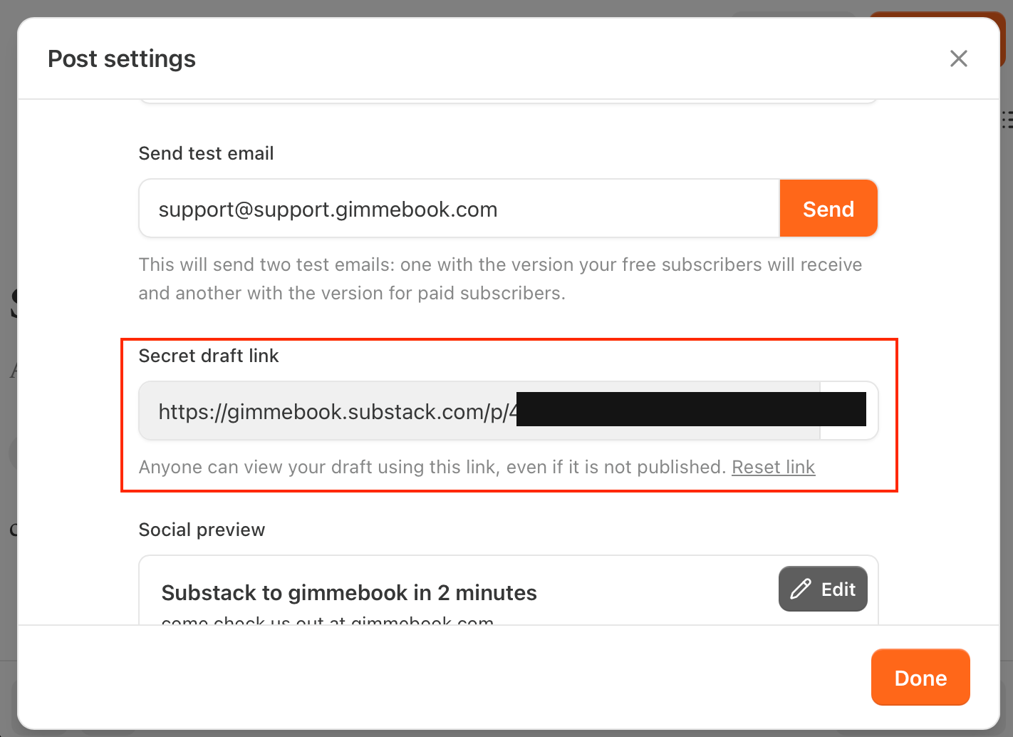 The Substack post settings panel with the Secret draft link field highlighted.